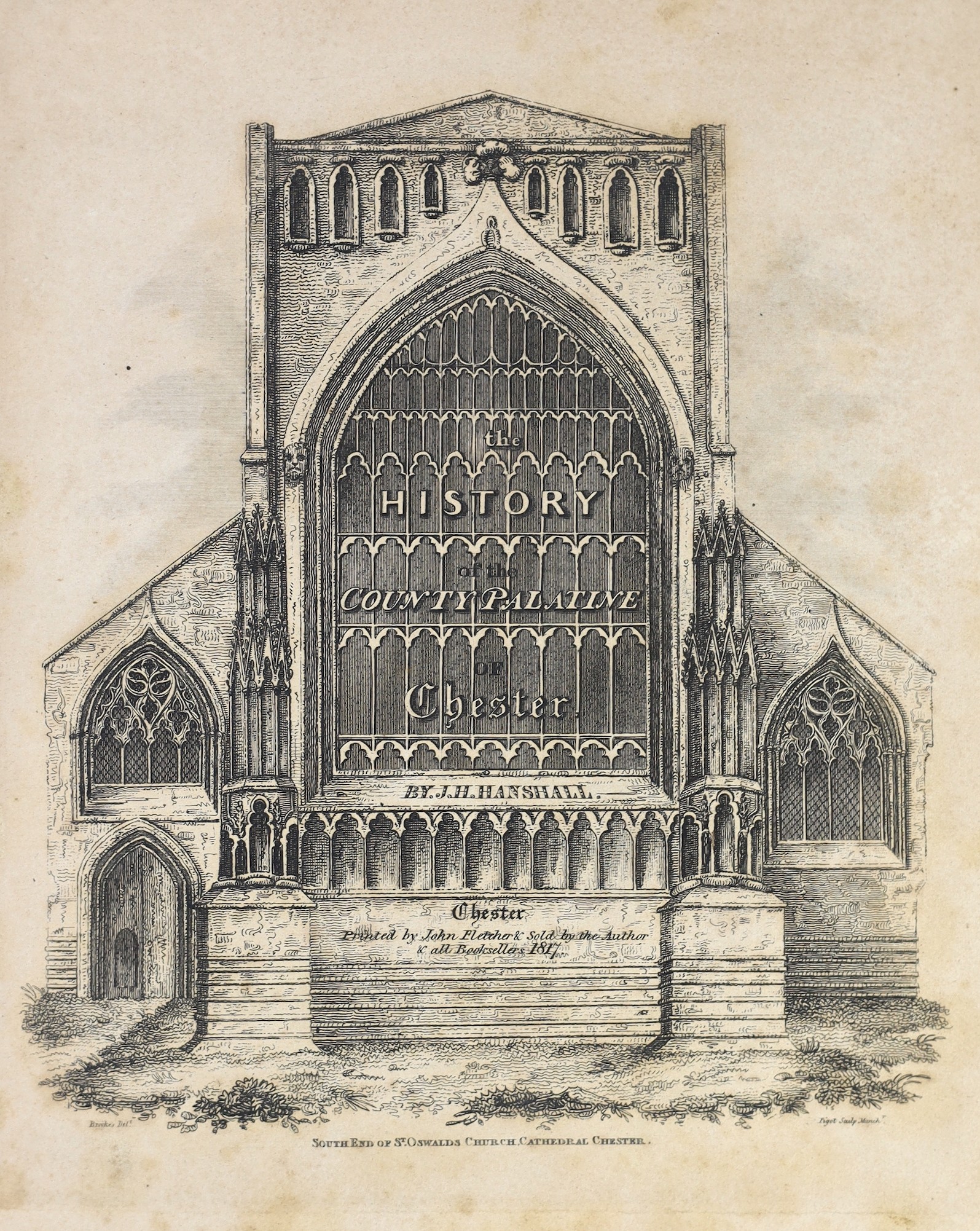 CHESHIRE - Hanshall, J.H - The History of the County Palatine of Chester, 4to, rebacked calf, boards badly scuffed, with frontis, engraved title and 28 plates and maps, Chester, 1817-23